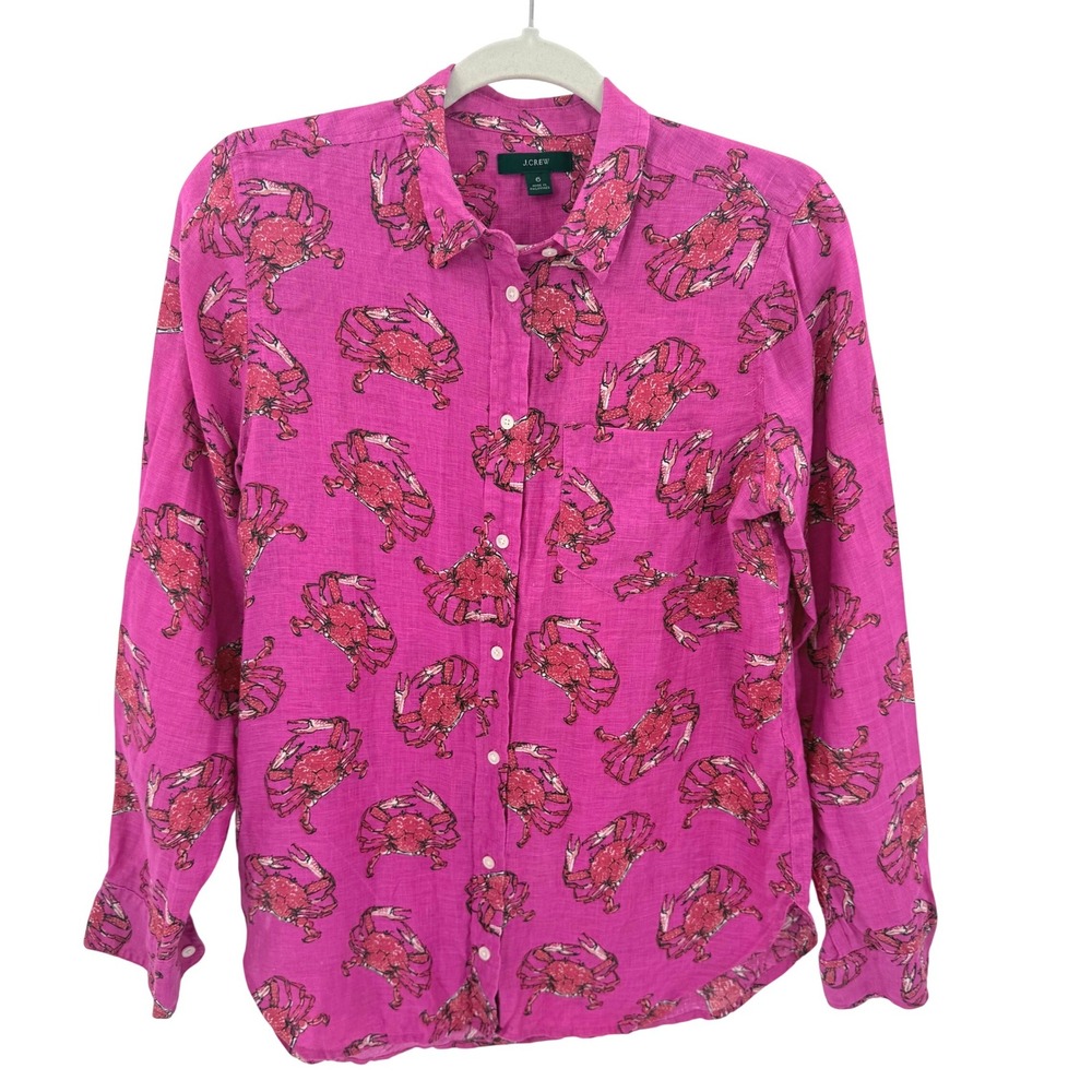 J. Crew Womens Pink 100%‎ Linen Crab Print Button Down Shirt Size 6 Long Sleeve